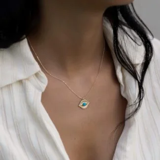 Vintage Eye Halskette aus 585er Gold mit Nazar-Anhänger im Retro-Stil – elegantes Schutzsymbol mit funkelndem Zirkonia.