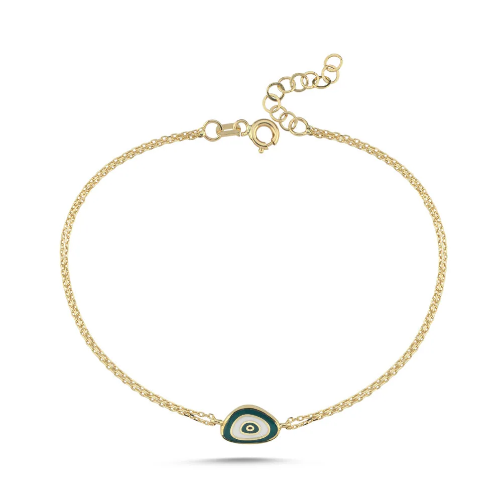 Yeşil Malakit Göz Bileklik Green Malachite Eye Bracelet Grünes Malachit Auge Armband aus 585er Gold mit feiner Doppelgliederkette