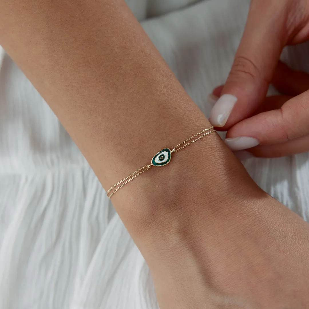 Yeşil Malakit Göz Bileklik Green Malachite Eye Bracelet Grünes Malachit Auge Armband aus 585er Gold mit feiner Doppelgliederkette