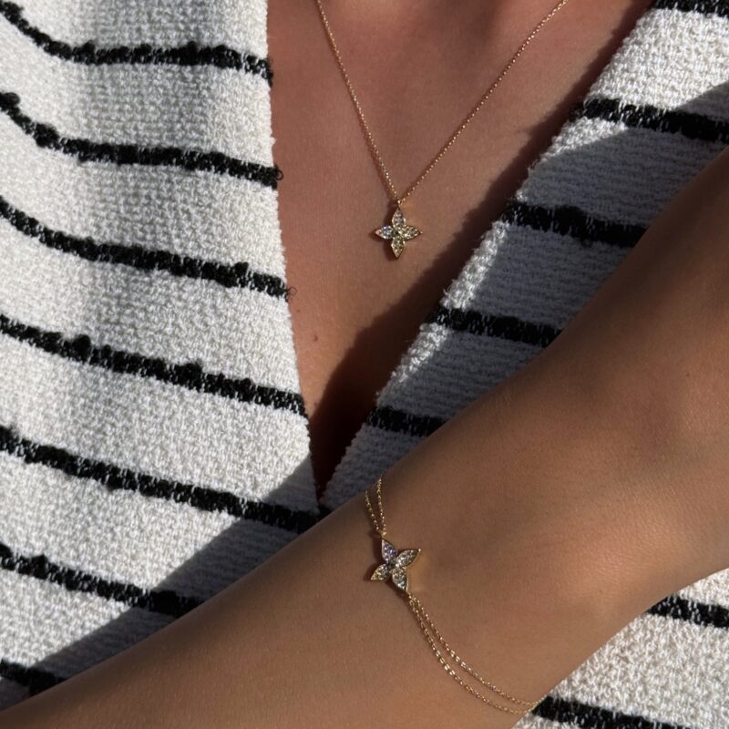 Fleur Kette Goldene Fleur Set – 585er Goldkette mit filigranem Blütenanhänger und glitzernden Zirkonia-Steinen für femininen Stil.